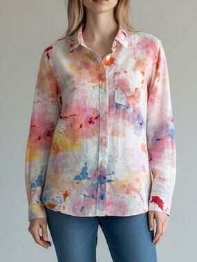 Duluth Trading Co Women’s Watercolor Button-Down in Pink, Yellow & Blue